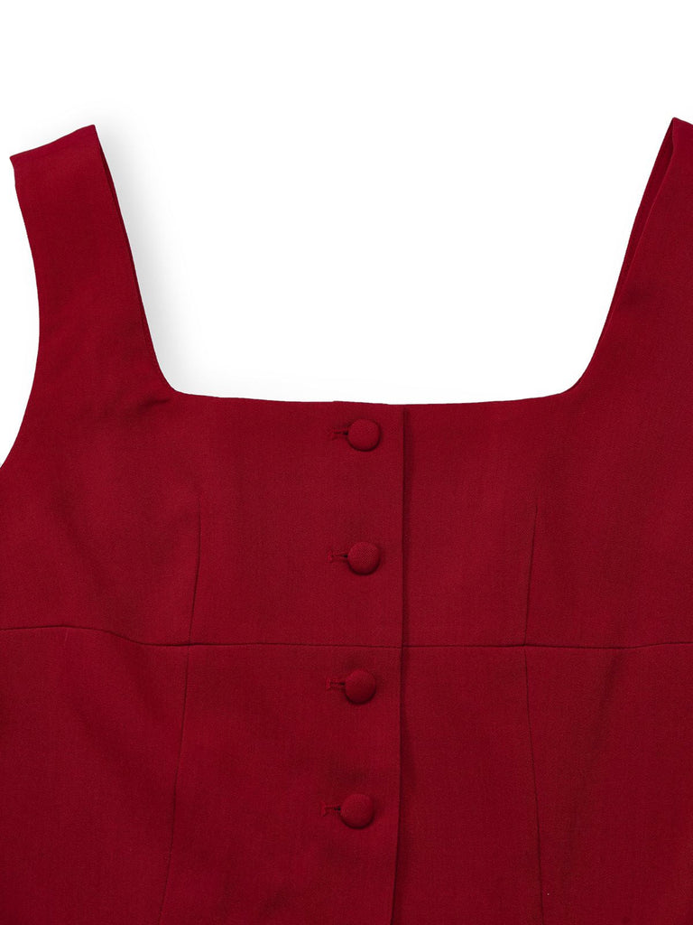 2PCS Gilet sans manches à col carré et jupe rouge années 1940