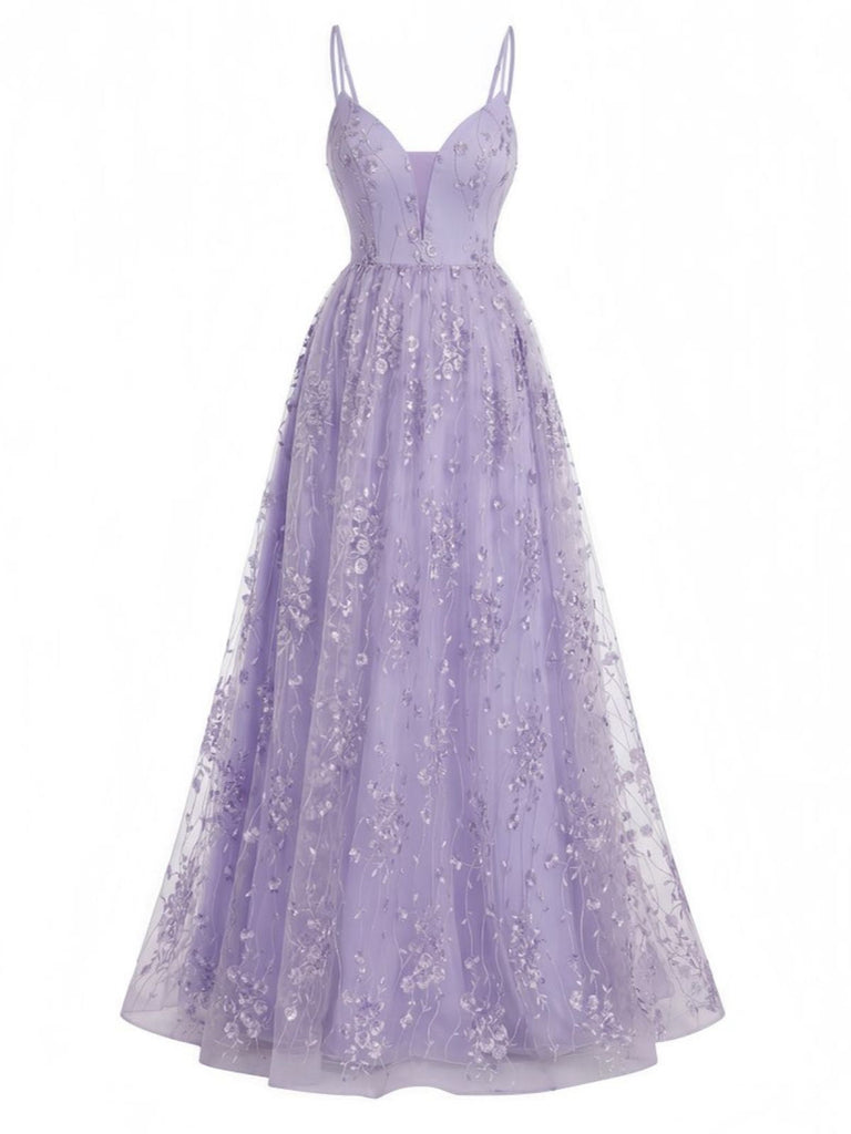 Lavender spaghetti strap dress front view ideal for summer weddings and formal events