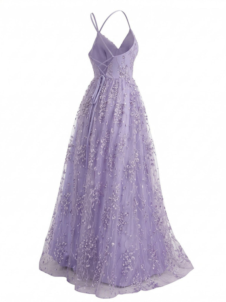 Lavender spaghetti strap dress side view displaying flattering silhouette for bridesmaid and party wear