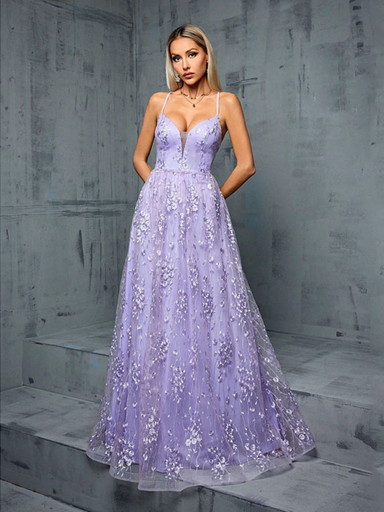 Lavender tulle evening dress front view featuring flowing fabric perfect for prom and formal occasions
