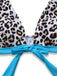 Leopard print bikini top with blue straps on a white background