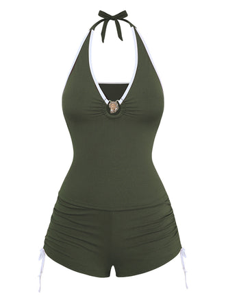 Ensemble Tankini Vert Col Bando à Cordon Froncé Années 50