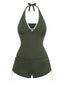 Ensemble Tankini Vert Col Bando à Cordon Froncé Années 50