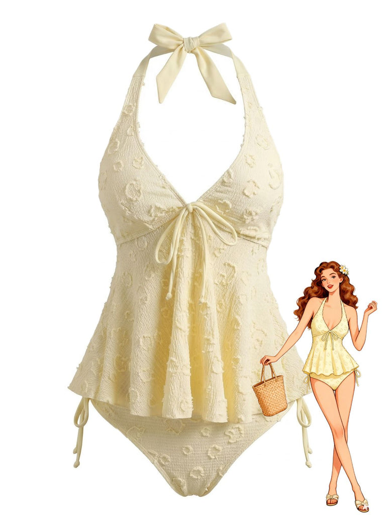 Texturé Floral Halter Profond V Ensemble Tankini Années 1950