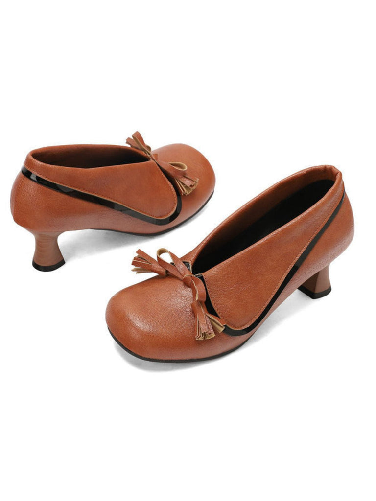 Chaussures rétro à nœud en PU, bout rond et talon compensé