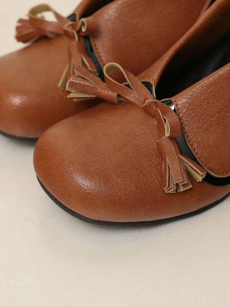 Chaussures rétro à nœud en PU, bout rond et talon compensé