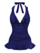 Vue de face du maillot de bain dos nu à volants, version bleu marine, mettant en valeur le tissu froncé gainant.