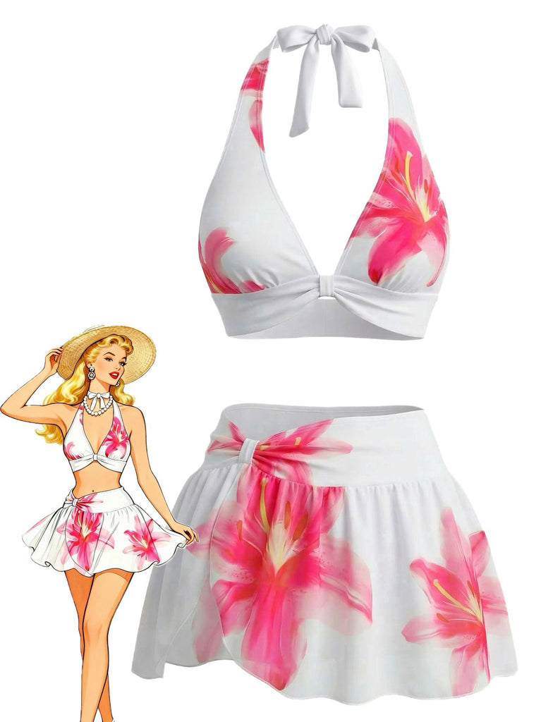 Maillot de bain filet wrap fleurs lys blanc 1930s