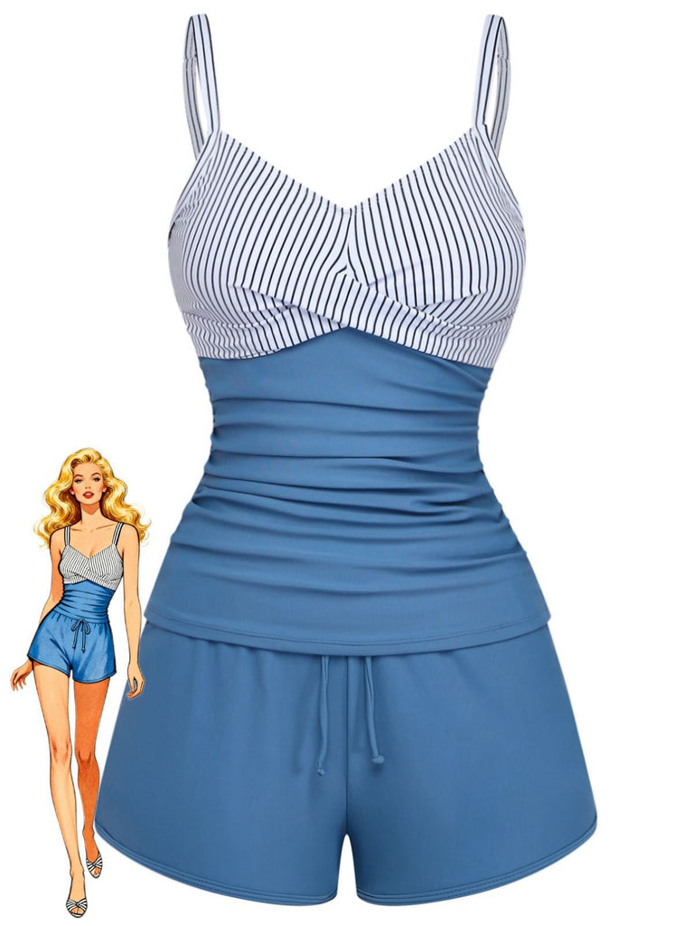 Maillot de bain bleu avec haut à rayures blanches sur fond blanc