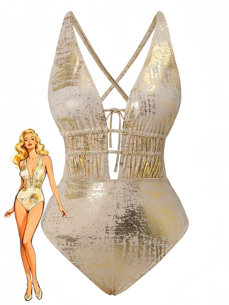 Maillot de bain métallisé doré avec une illustration assortie d'une femme sur fond blanc