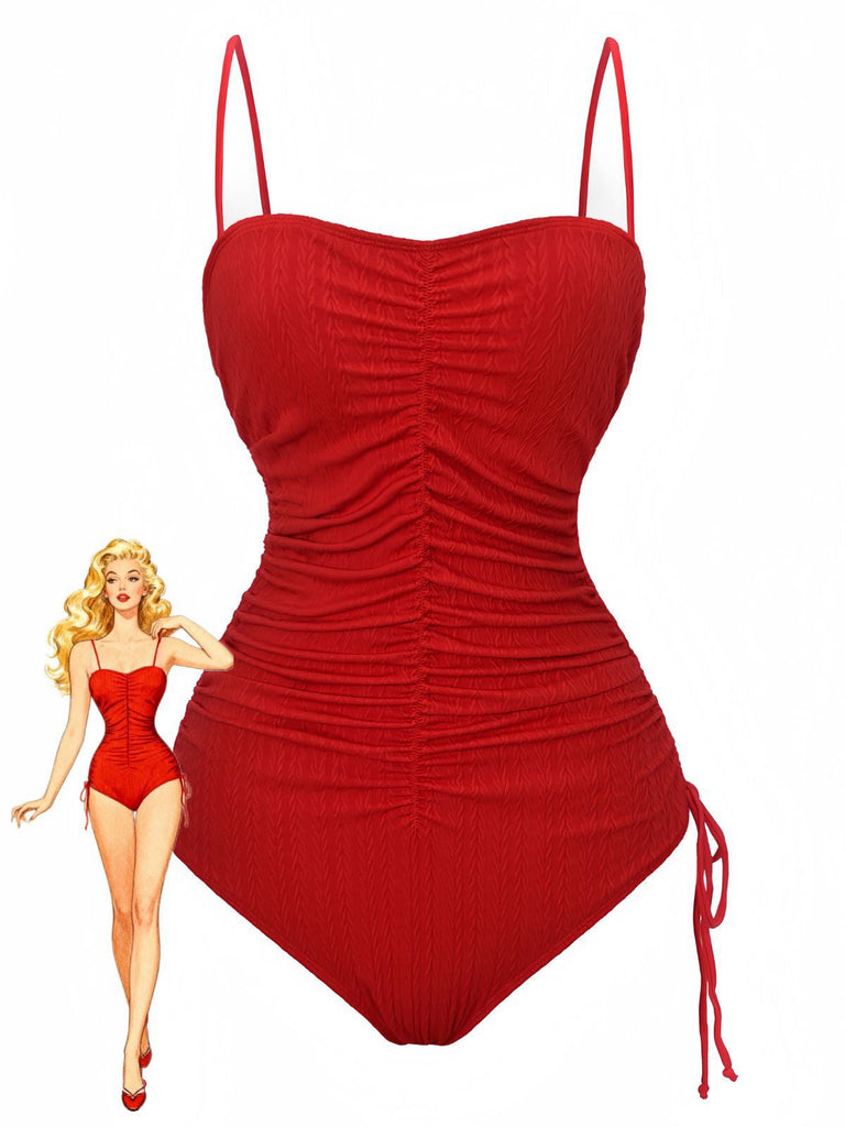 Maillot de bain une pièce rouge ruché bretelles 1940s