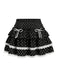 Jupe courte noire à pois en dentelle et à volants étagés, vue de face, idéale pour un style romantique et d'inspiration vintage.
