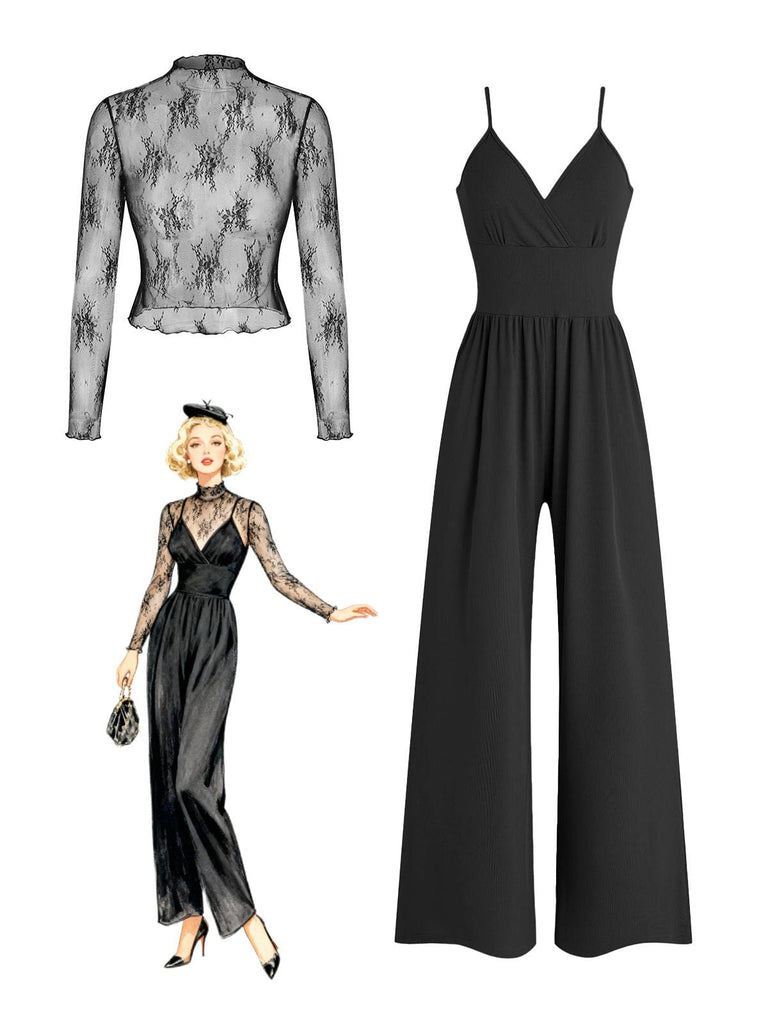 Un ensemble deux pièces noir chic composé d'un haut à col montant en dentelle florale transparente et d'une combinaison-pantalon à jambes larges assortie, illustré d'un motif vintage.