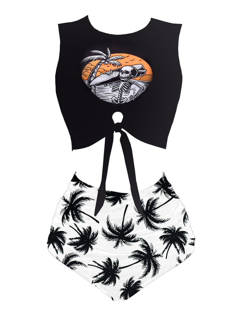 Ensemble tankini vert squelette de plage avec nœud sur le devant années 1980