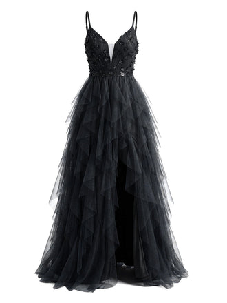 Robe de bal noire à volants, fente et tulle pailleté, style années 1930