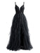 Robe de bal noire à volants, fente et tulle pailleté, style années 1930