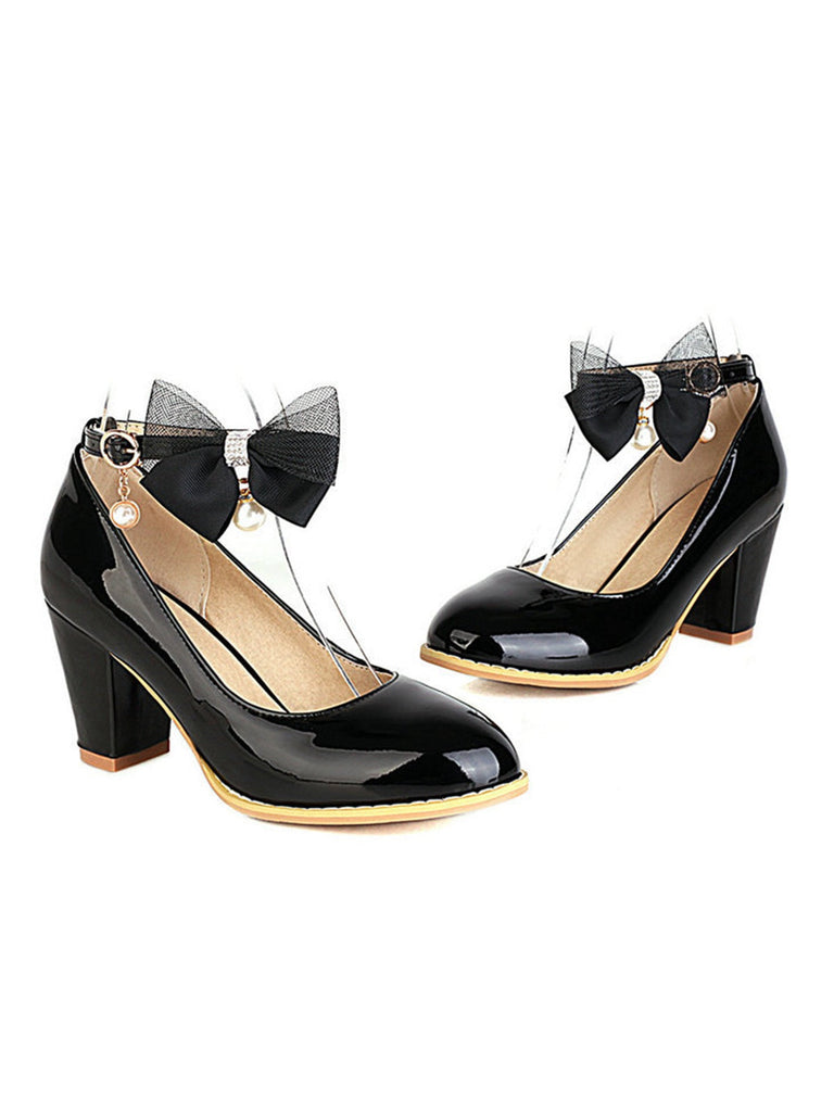 Escarpins à talons épais en cuir verni avec nœud Mary Jane