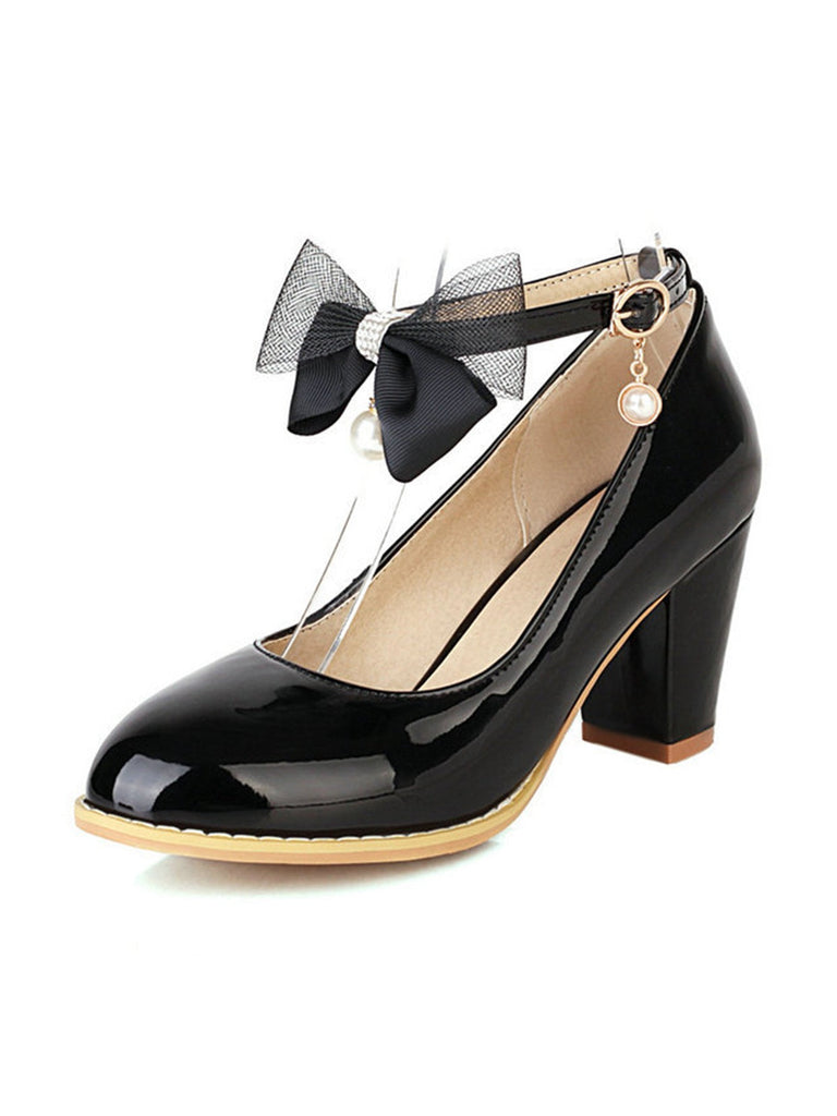 Escarpins à talons épais en cuir verni avec nœud Mary Jane