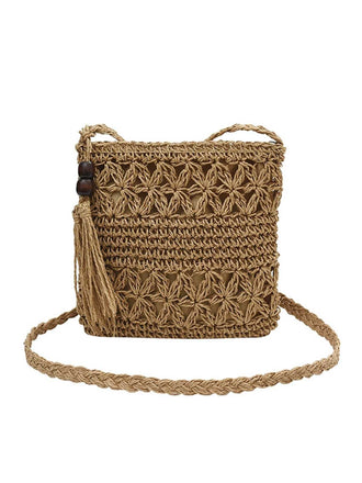 Sac bandoulière vintage en paille et perles en bois