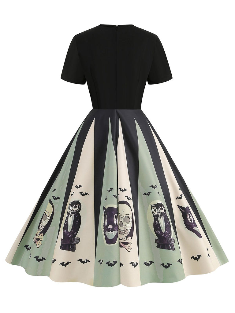 Robe patchwork imprimé toile d'araignée rouge pour Halloween des années 1950