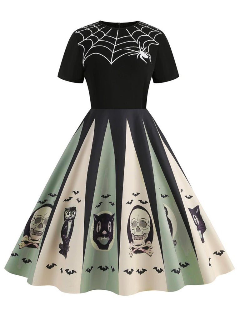 Robe patchwork imprimé toile d'araignée rouge pour Halloween des années 1950
