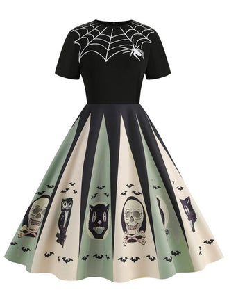 Robe patchwork imprimé toile d'araignée pour Halloween des années 1950