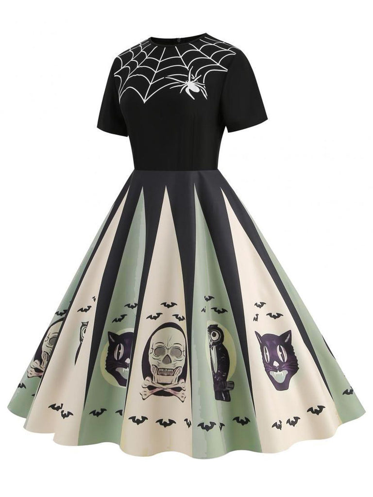 Robe patchwork imprimé toile d'araignée rouge pour Halloween des années 1950