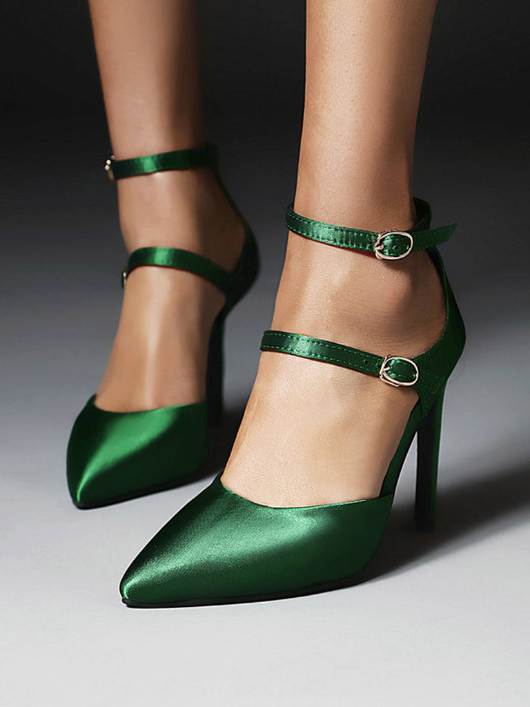 Chaussures à Talons Hauts Pointues en Satin Vert Foncé