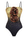 One-piece swimsuit with gold glitter and bronze rose embellishments on a white background