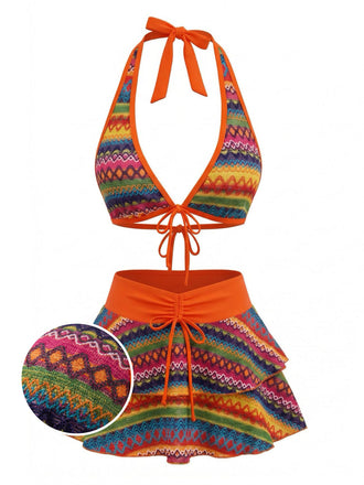 Ensemble Bikini Bohème Asymétrique & Cache-Maillot Orange Années 1980