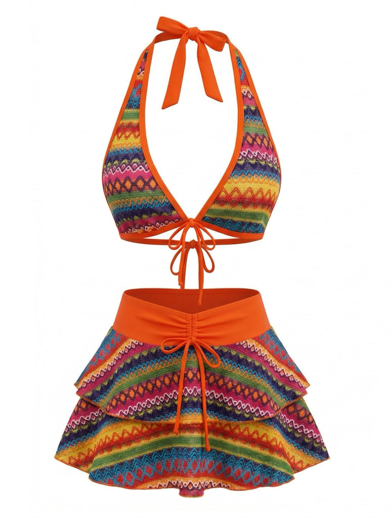 Ensemble Bikini Bohème Asymétrique & Cache-Maillot Orange Années 1980