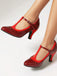 Red high-heeled shoes with a strap on a white background