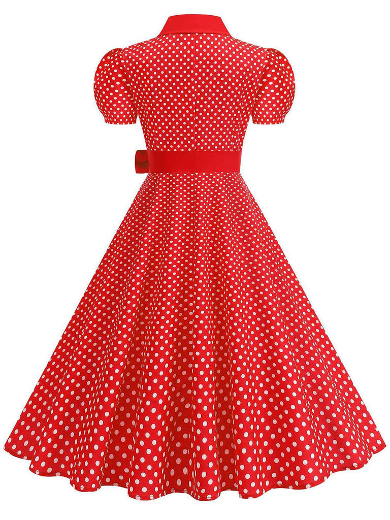 Vintage polka dot belted swing dress with shirt collar in classic 1950s retro style