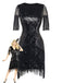 Une robe Charleston noire à sequins éblouissante, ornée de franges aux manches et à l'ourlet, inspirée de la mode des années 1920 et du film Gatsby le Magnifique.