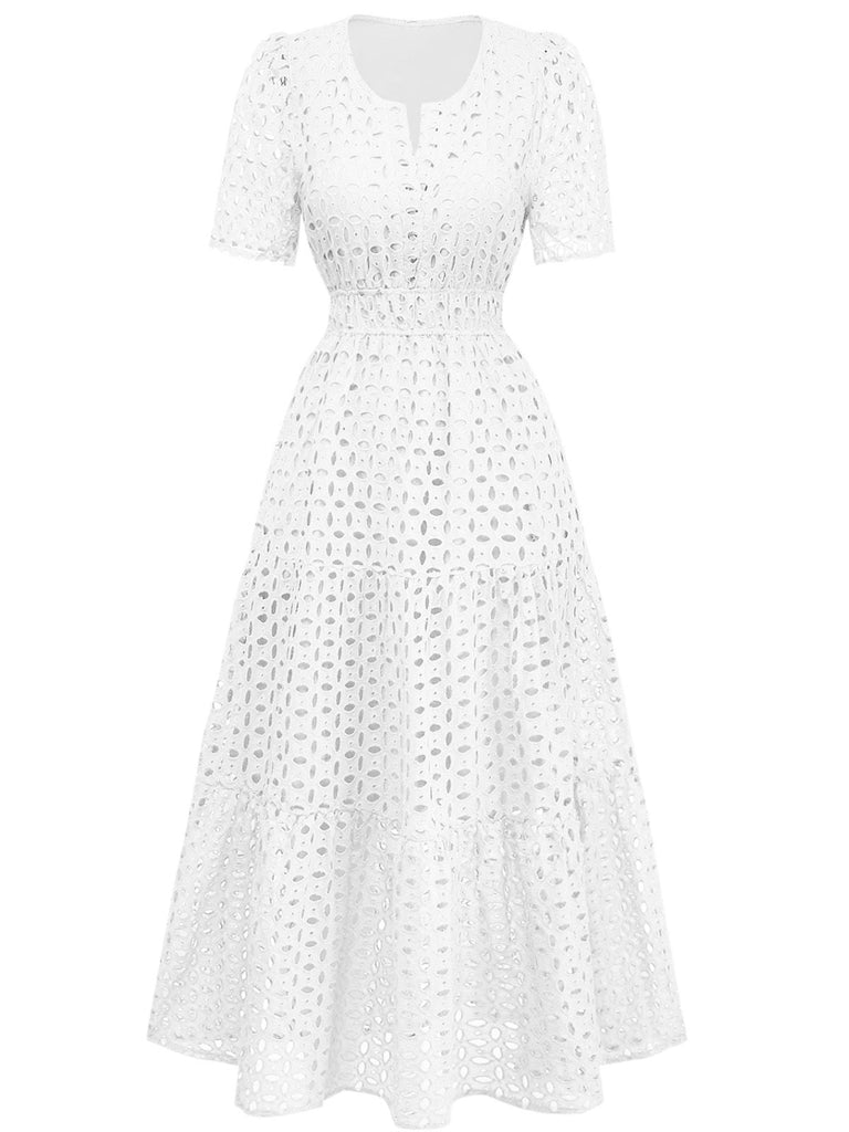 Robe blanche volants col V dentelle ajourée