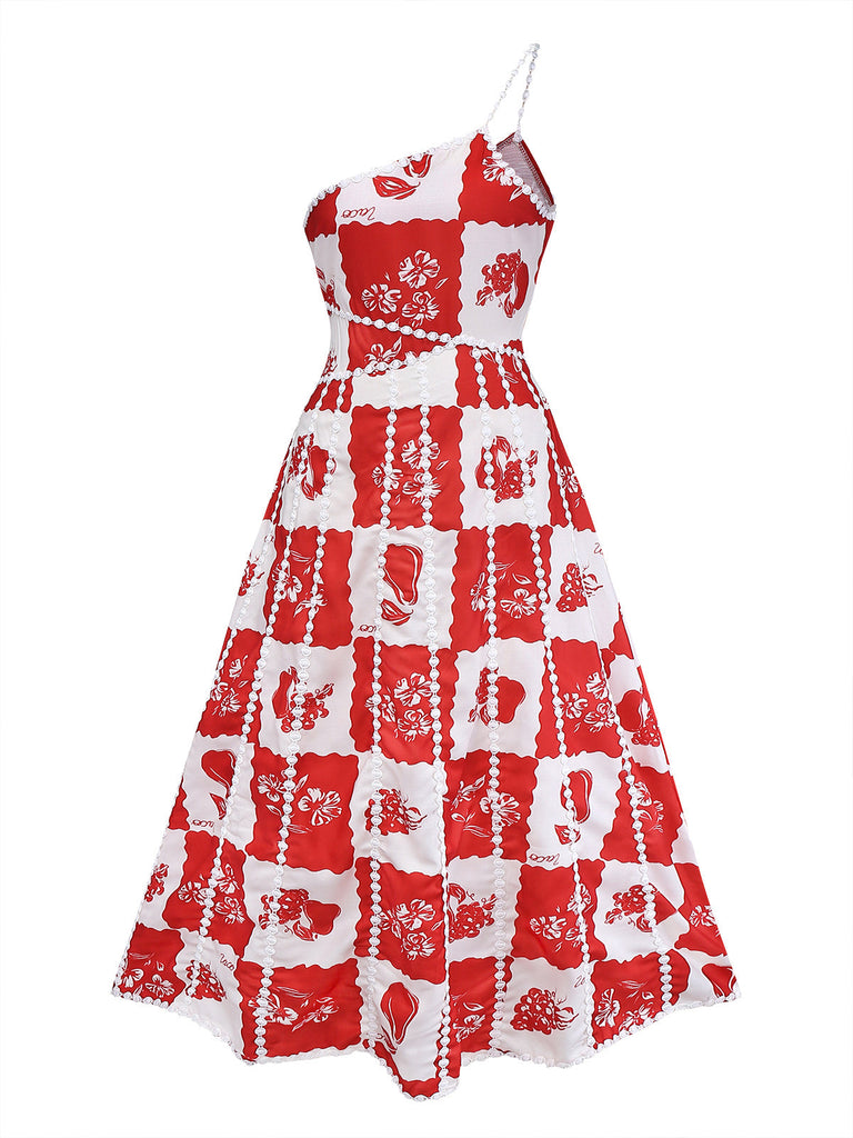 Robe rouge à carreaux, imprimé floral et fruits, style années 1930, bretelles spaghetti
