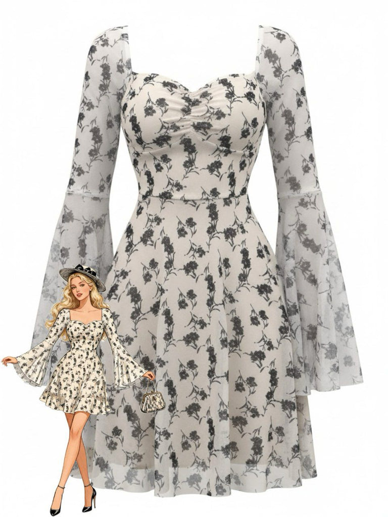 Robe courte beige fleurs décolleté cœur et manches cloche résille années 1950