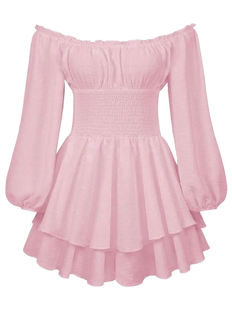 Robe courte unie épaules nues manches longues froncées 1950s