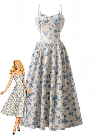 Robe longue bleue à fines bretelles et imprimé floral des années 1930