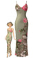 Robe longue moulante verte à fines bretelles et imprimé floral années 1930