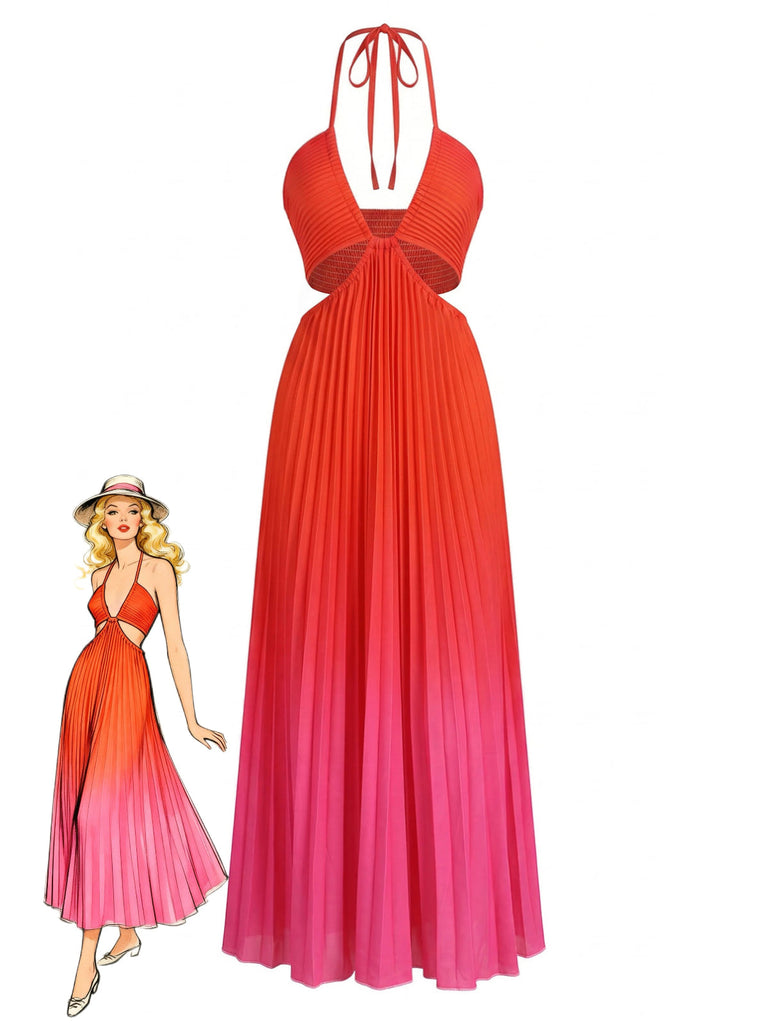 Élégante robe longue rouge dégradée style années 1930 avec jupe plissée et décolleté dos nu, idéale pour les galas vintage formels.