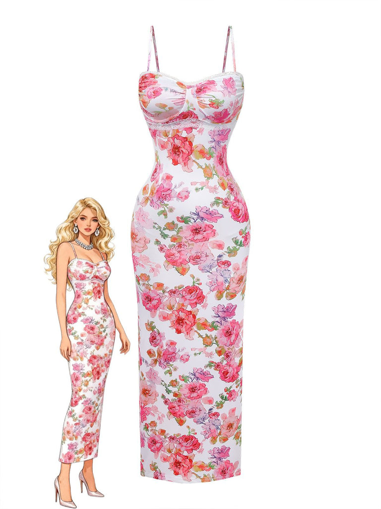 Robe longue moulante bretelles floral rose 1980s