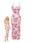 Robe longue moulante bretelles floral rose 1980s