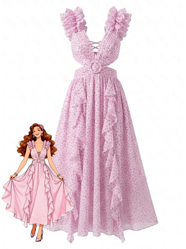 Robe rose en mousseline à fleurs volants années 1930