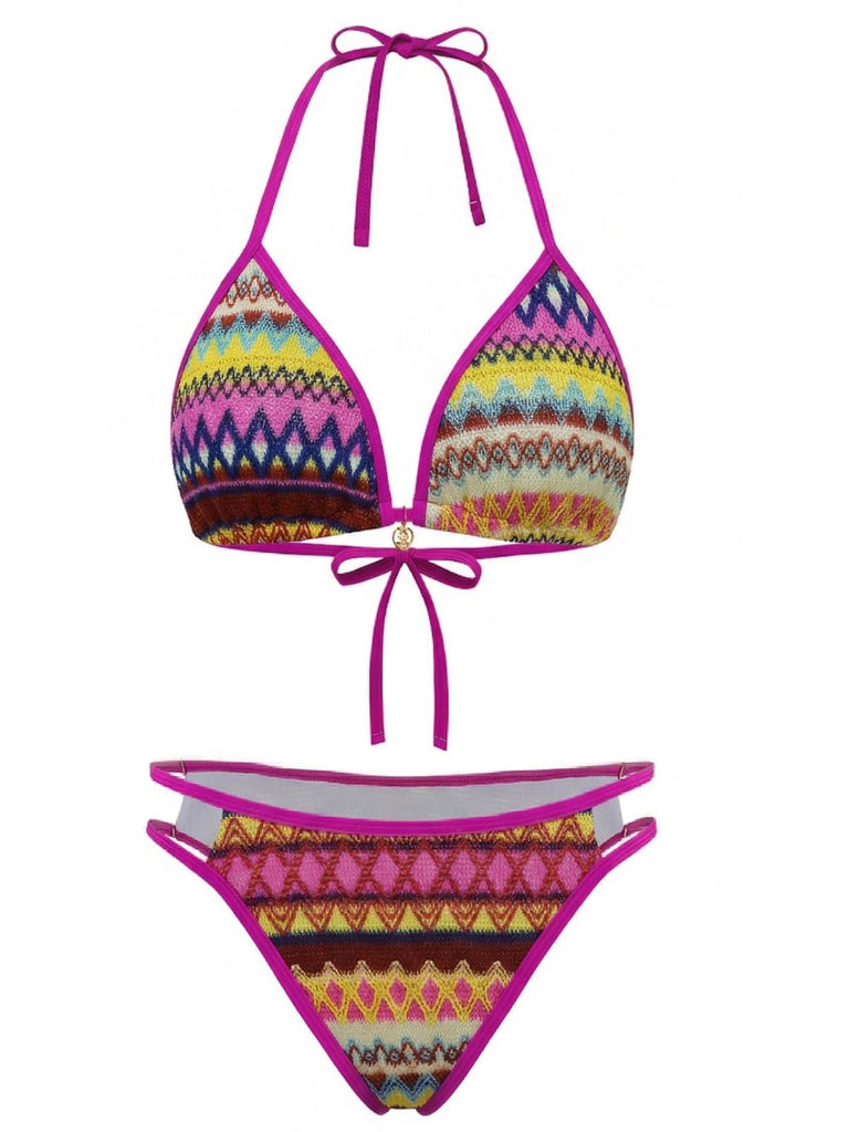 Bohème Géométrique Tricot Halter Ensemble Bikini Années 1970 10