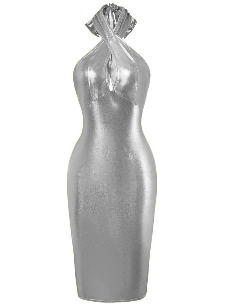 Robe crayon style disco col licou et trou de serrure des années 1960