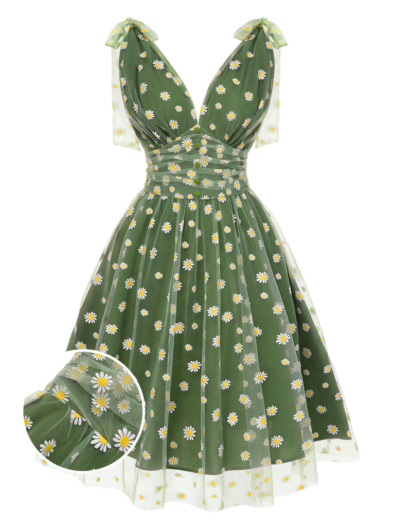 Robe trapèze verte en maille marguerite années 1950