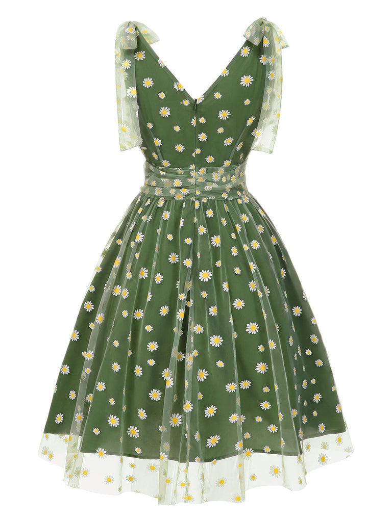 Robe trapèze verte en maille marguerite années 1950