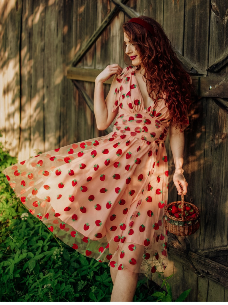 Robe trapèze rose fraise années 1950 en maille Chic