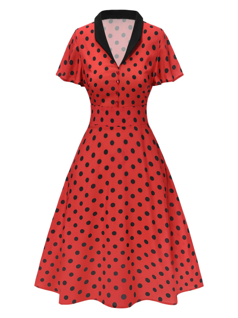Robe rouge foncé à col en V et à pois des années 1950